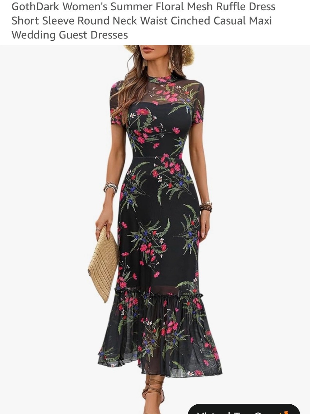 Women's Black Floral Mesh Ruffle Maxi Dress